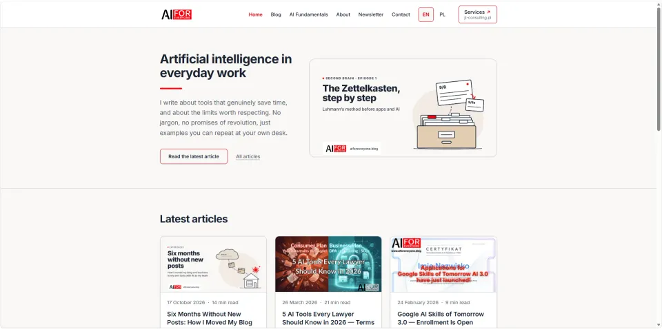The aiforeveryone.blog website, home page screenshot in light mode