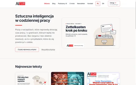 Strona aiforeveryone.blog, zrzut ekranu strony głównej w trybie jasnym