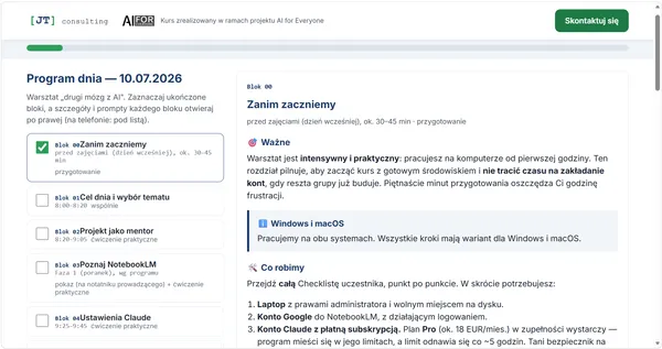 Strona narzędziowa warsztatu „drugi mózg z AI”: pasek postępu i lista siedemnastu bloków programu dnia wraz z godzinami.