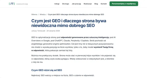 Artykuł „Czym jest GEO i dlaczego strona bywa niewidoczna mimo dobrego SEO” na stronie JT CONSULTING, wraz z okruszkami, nagłówkiem i początkiem treści.