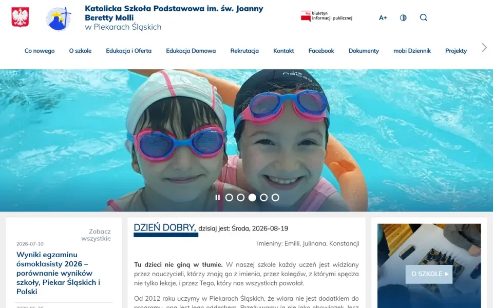 Strona szkoły podstawowej w Piekarach Śląskich, zrzut ekranu strony głównej